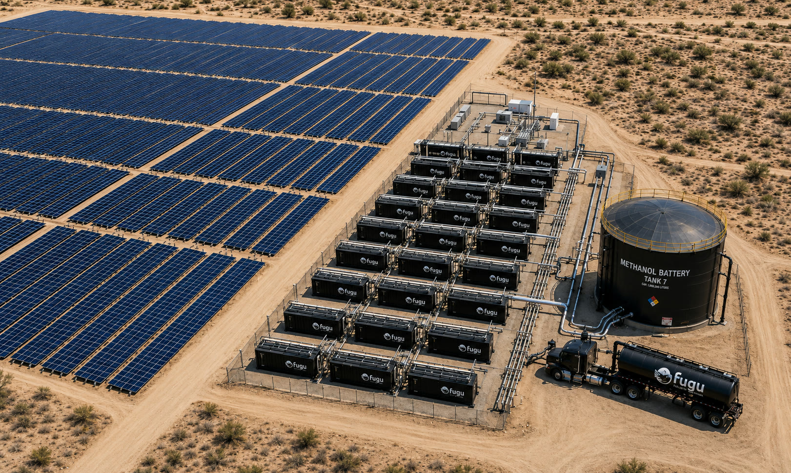 Aerial view of a Fugu fuel farm — rows of AirRefinery units beside a solar array, with a methanol storage tank and tanker truck